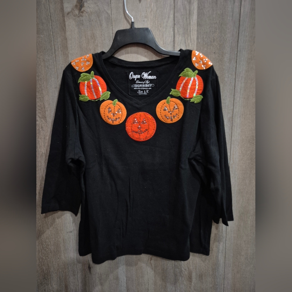 Vintage Onque Casuals Halloween Fall Pumpkin V-neck 3/4 sleeve Shirt (Size 1X)